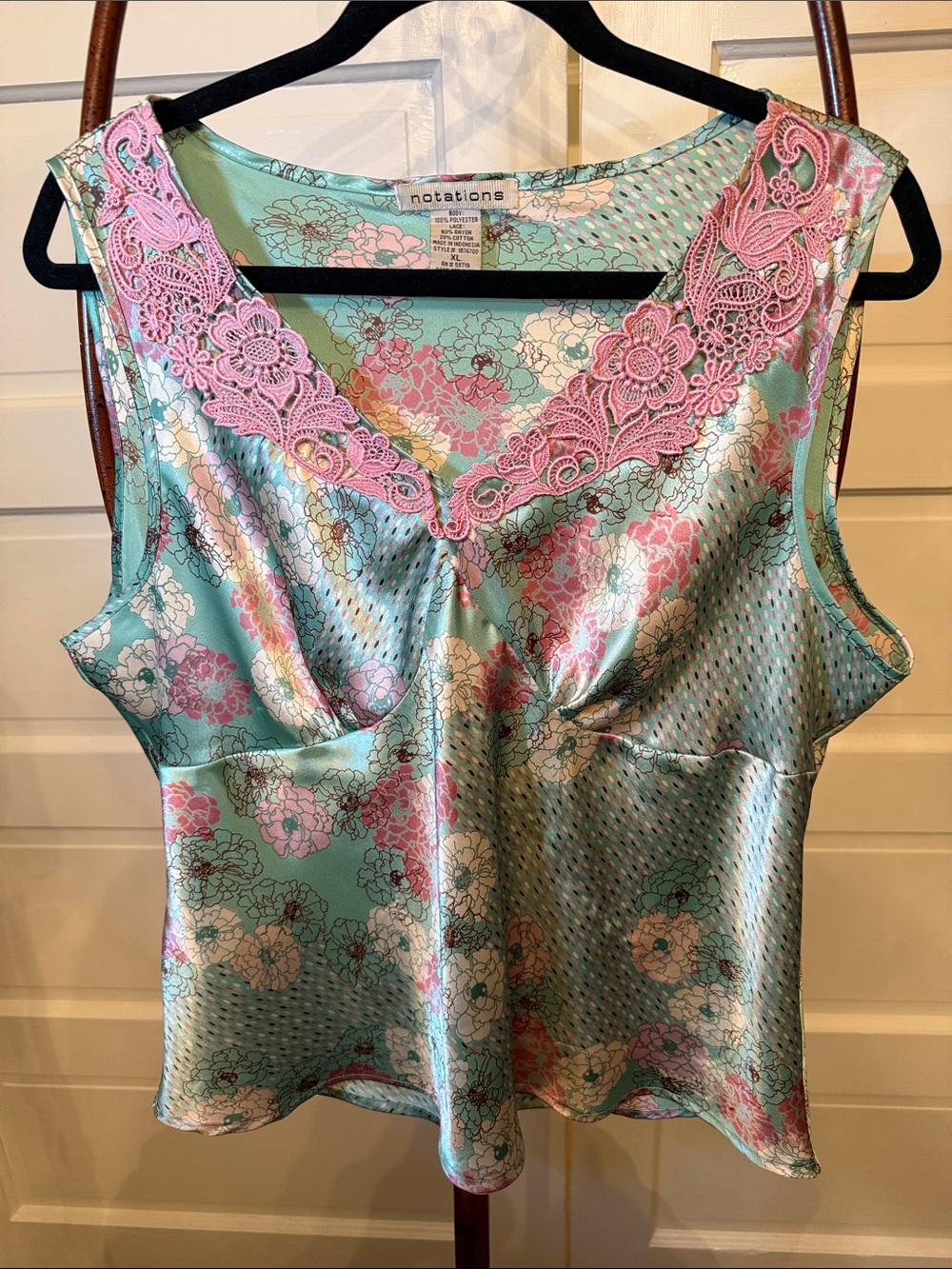 Notations Y2K Mint Floral Satin babydoll fairy Romantic Tank with Lace Trim xl